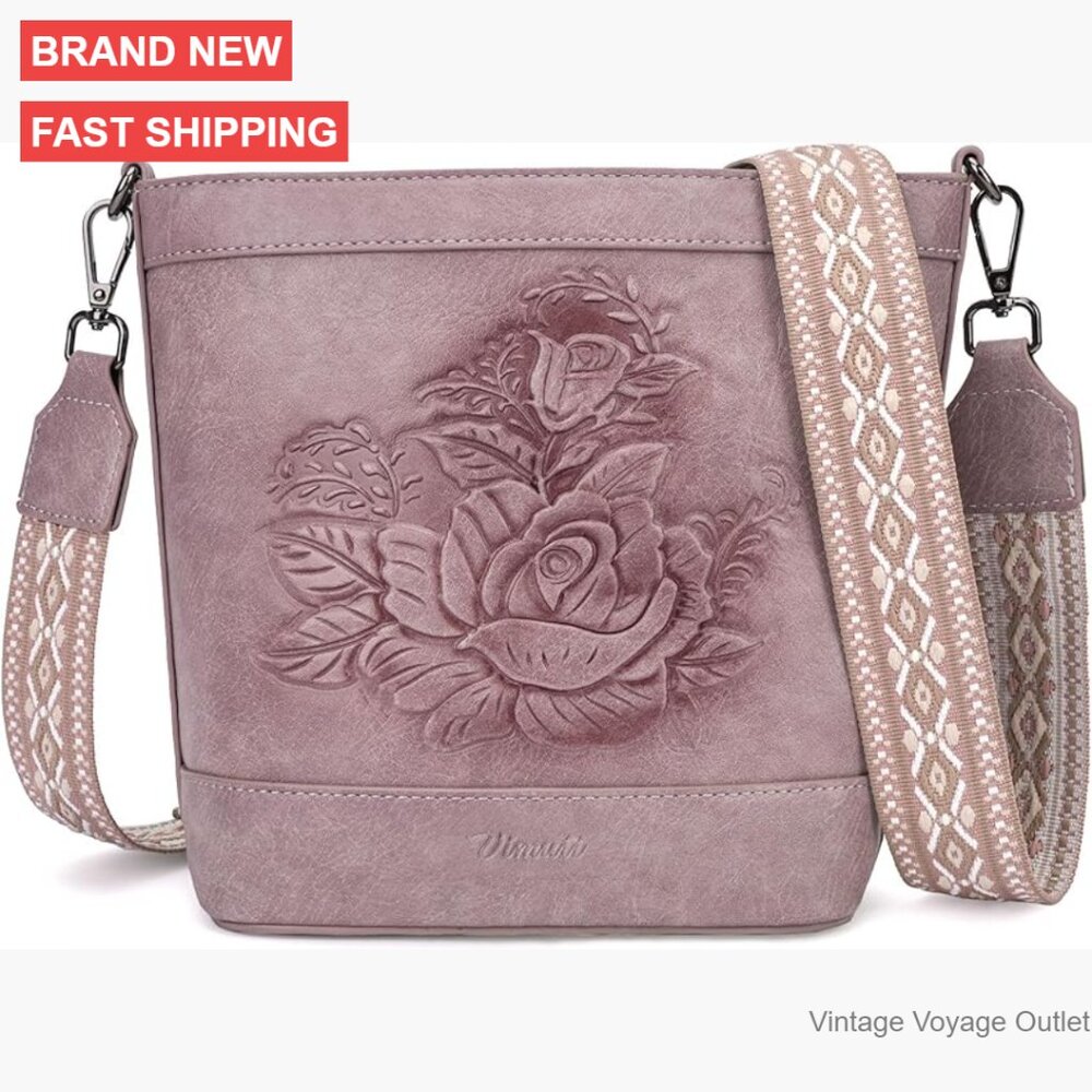 Small Vegan Leather Crossbody Bucket Bag, Adjustable Strap, Anti-Theft Pocket